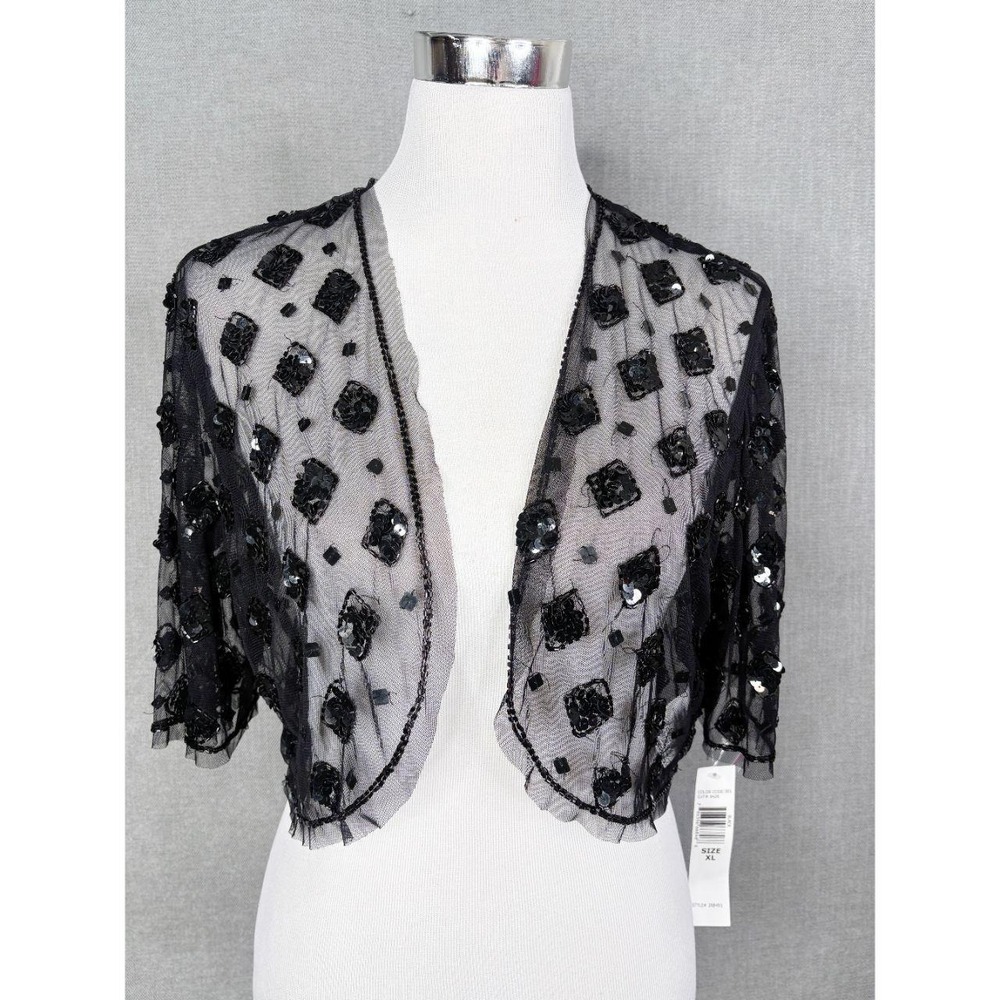 Marina Whimsigoth Open Front Top Womens Tag Size XL Black Cropped Sequins Sheer